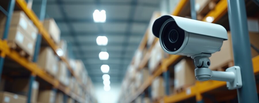 Security camera monitors warehouse shelves full of boxes. Video surveillance inside industrial storage facility. Automated system records inventory and activity for safety and control. - Powered by Adobe