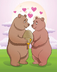 illustration of a male bear giving a  bee hive full of honey for her girlfriend on pink background