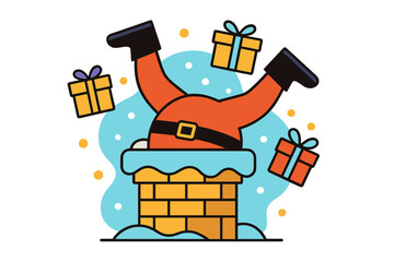 Santa's Chimney Jam. Santa Stuck in the Chimney. Minimal Santa half inside a chimney, legs and boots sticking