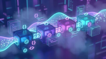 Abstract 3D illustration of data processing and software development
