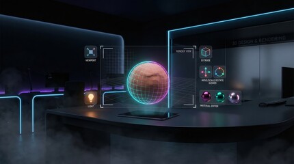3D design and rendering software interface with holographic planet model