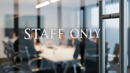 Fototapeta premium Etched glass door clearly displays the words staff only restricting access to a blurred corporate meeting room where business professionals are seated around a table
