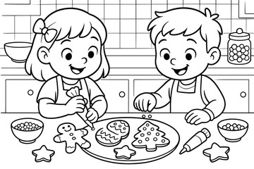 Kids Decorating Cookies. Festive baking fun children?s coloring book illustration, outlined drawing, two kids