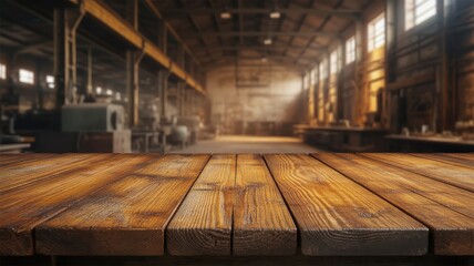 Rustic wooden table in a blurred workshop with natural light and wooden beams