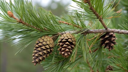 Fototapeta premium A close up of a pine tree branch three cones on it.