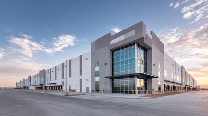 Modern Warehouse Exterior: A sprawling, modern warehouse stands tall against a backdrop of a clear sky. Its design boasts clean lines and an emphasis on functionality.