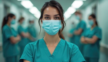 Young woman doctor wears medical mask and scrubs. She stands with colleagues in hospital corridor. Healthcare workers ready to help patients. Teamwork in clinic during pandemic.