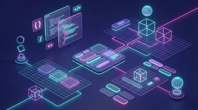 Abstract 3D illustration of a software development process and coding