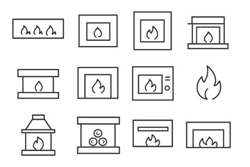 Modern Fireplace Icons. Modern fireplace. Line outline icon set of modern fireplace: linear fireplace, wall