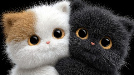 Adorable close up of two fluffy kittens one black and one white against a dark background