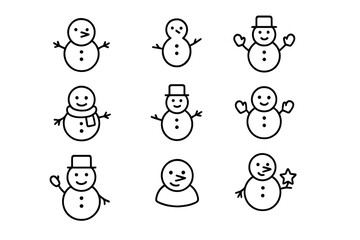 Snowman Icon Set. Snowman styles. Line outline icon set of snowman styles: classic snowman, tiny snowman, tall