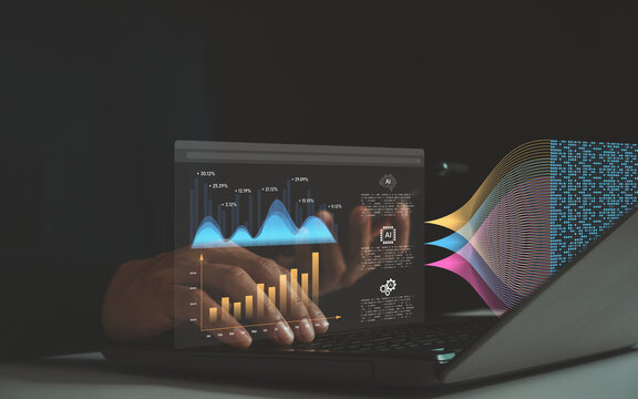 Data analysis science and big data with AI technology. An analyst or Scientist uses a laptop and dashboard to analyze information on complex data sets on a computer. Insights development engineer.