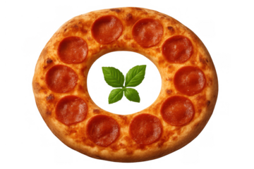 Pepperoni pizza wreath featuring a ring of basil leaves at its center, symbolizing inspiration and appetite
