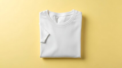 A neatly folded white t-shirt on a yellow surface