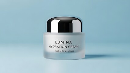 Elegant beauty skincare product on a gentle backdrop. The product has a silver lid and a frosted glass jar, appearing fresh and premium