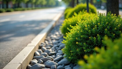 Green shrubs with yellow blossoms line an empty road with trees in background. Smooth stones fill median strip next to asphalt. Sunlight creates gentle shadows on pavement.