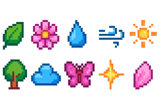 Nature, weather pixel icon set. Environment, floral, meteorology icons pixel art style