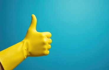 Yellow cleaning glove gives thumbs up sign on blue background. Suggests approved household cleanliness and germ protection. Ideal for hygiene or cleaning service promotions.