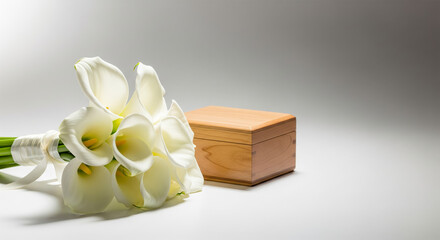 Minimal wooden cremation box beside white calla lilies on clean gradient surface, serene memorial scene suitable for sympathy templates, funeral announcements and remembrance design projects