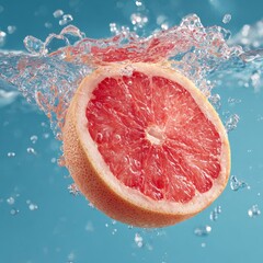 Naklejka premium Refreshing splash of pink grapefruit juice with water drops and bubbles creates vibrant scene