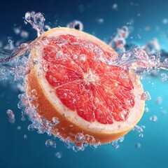 Naklejka premium Refreshing pink grapefruit juice with water drops and bubbles creates a vibrant citrus scene