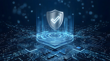 Robust Digital Defense: Glowing Security Shield on Motherboard