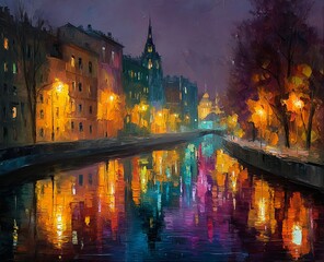 Obraz premium Colorful oil painting of a romantic night street with glowing lamps