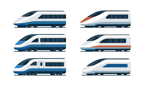 High-speed train collection, rail travel, transport, flat vector illustration