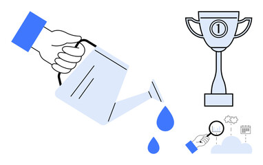 Growth and achievement. Visualizing growth with water, analyzing progress, and celebrating achievement with a trophy. Growth progress and success. For leadership, motivation, progress tracking