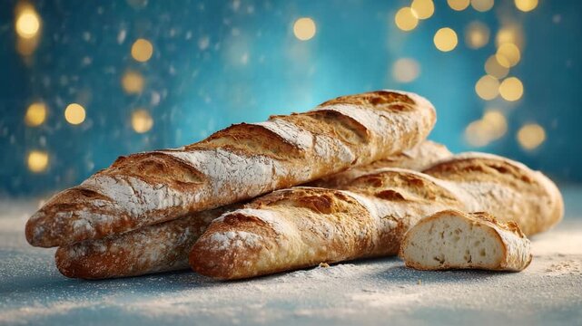 Freshly baked French baguette bread on festive Christmas background with golden bokeh lights
