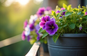 Naklejka premium Purple and pink pansies bloom in pots on a sunny balcony railing. Green leaves and buds surround vibrant violet flowers. Natural light illuminates garden plants.