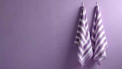 Two striped towels hang on a pastel purple wall. The purple and white striped fabric creates a cheerful clean pattern for home decor or bath settings. Useful clean linen.