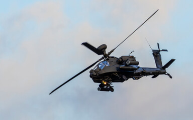 Attack helicopter on a training mission. Tank destroyer and infantry support