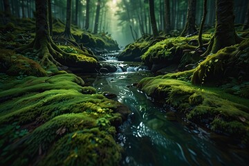 Landscape illustration small river in the junggle background 