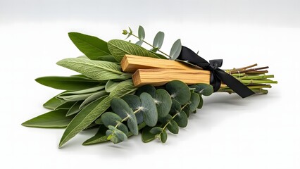 Aromatic Essence: A harmonious blend of sage, eucalyptus, and Palo Santo sticks. The composition exudes tranquility and serenity, capturing the essence of wellness and natural beauty.