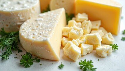 Assortment of artisan cheeses featuring varied textures and hues, with fresh green herbs adding contrast. Many cheeses are cubed and some whole rounds are visible.
