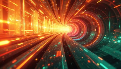 Abstract tunnel with bright orange and teal glowing lights. Futuristic swirling digital grid and data streams move through portal. Sci-fi concept for technology, speed, and artificial intelligence.