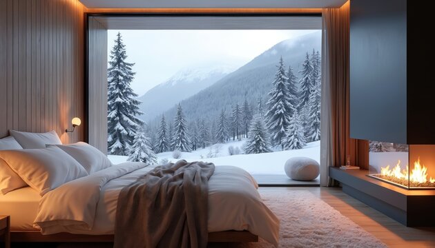 Modern bedroom with large window views of snowy forest mountains. Interior has fireplace, warm lighting, and cozy bed. Balcony offers scenic winter landscape escape.