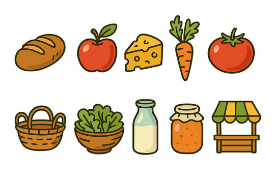 Farmers market filled icon set. Fresh produce, food items for culinary themes.