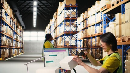 Asian employee using scanner to register shipping labels on cardboard boxes, professional tracking...
