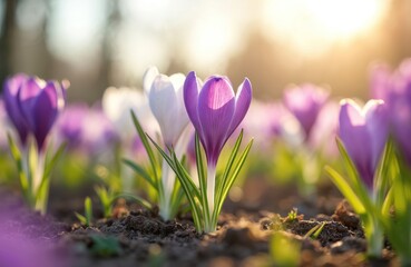 Obraz premium Purple and white crocuses bloom in the sunlit soil. Delicate petals unfurl, showing green leaves. Early spring flowers emerge, marking nature rebirth. Beauty in nature.