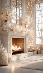 Obraz premium Warm fireplace burning in a living room decorated with winter plants and glowing fairy lights, creating a festive holiday atmosphere