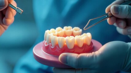 Video A dentist holds a pair of tongs over a model of a tooth, examining it for potential issues
