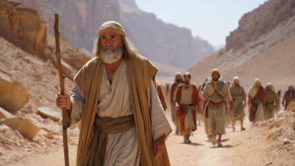 Fototapeta premium Moses leading people through rocky desert valley during biblical exodus journey symbolizing freedom, divine guidance, ancient prophecy, israelite faith, leadership, spiritual resilience and destiny