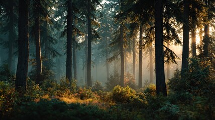 Obraz premium cinematic wide shot of early morning mist in a dense forest, soft golden light piercing through trees, ultra-realistic atmosphere