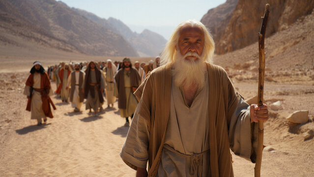 Moses walking through desert with israelites in biblical exodus scene symbolizing freedom, leadership, divine guidance, religious journey and ancient history from Egypt to the promised land