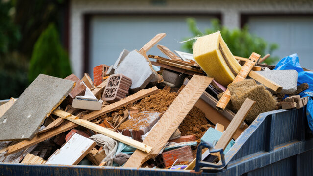 Construction waste pile in residential driveway, mixed demolition debris wood plaster brick concrete insulation lumber scraps, post renovation cleanup site clearance urban home repair refuse