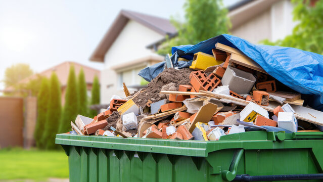 Construction waste in dumpster on backyard during home renovation with debris, bricks, wood, foam insulation, drywall, house remodeling cleanup, residential demolition, discarded building materials