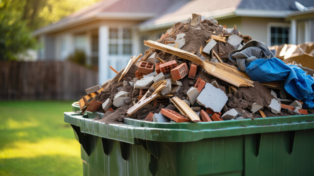 Green construction waste container filled with bricks, wood scraps, concrete pieces near residential house, home renovation debris disposal scene showing remodeling cleanup