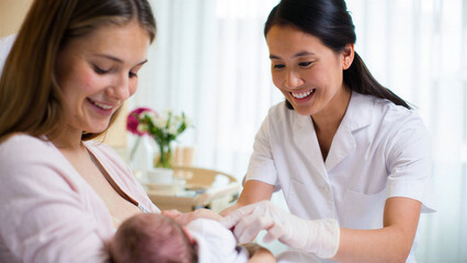Nurse supporting young mother with breastfeeding newborn baby hospital room, early lactation assistance postnatal care maternal support, healthy start for infant, compassionate healthcare environment